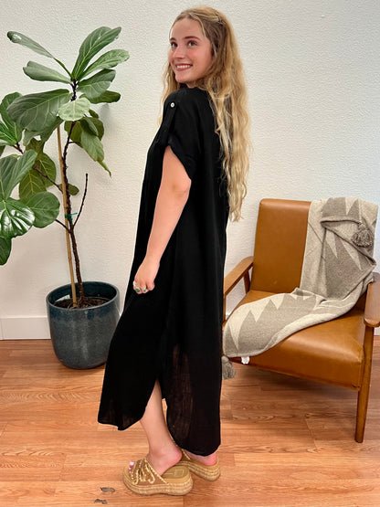 Black Linen Woven Midi Dress