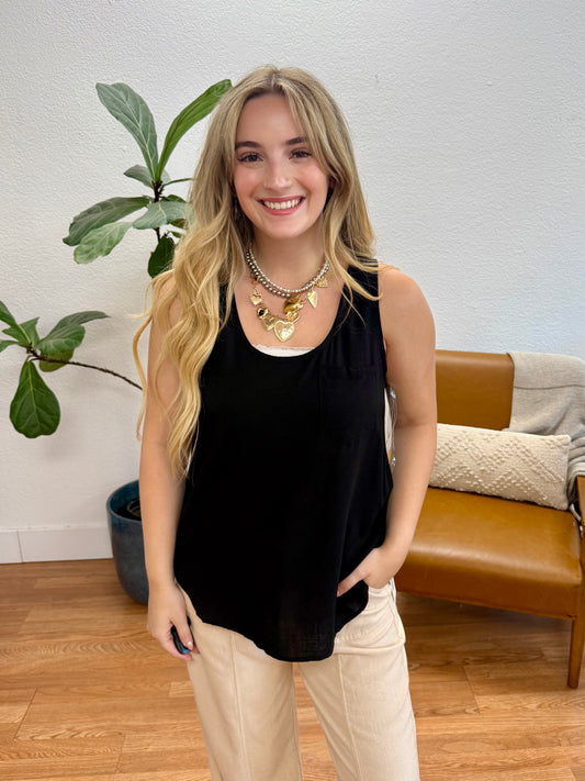 Black Back Button Woven Tank