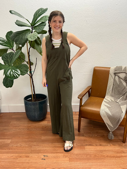 Olive French Knit Wide Leg Jumpsuit