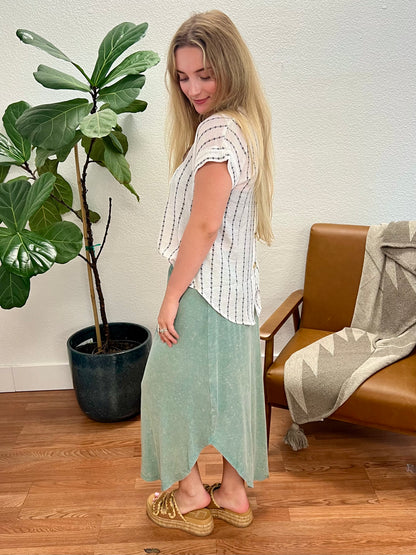 Sage Smocked Waist Tail Midi Skirt