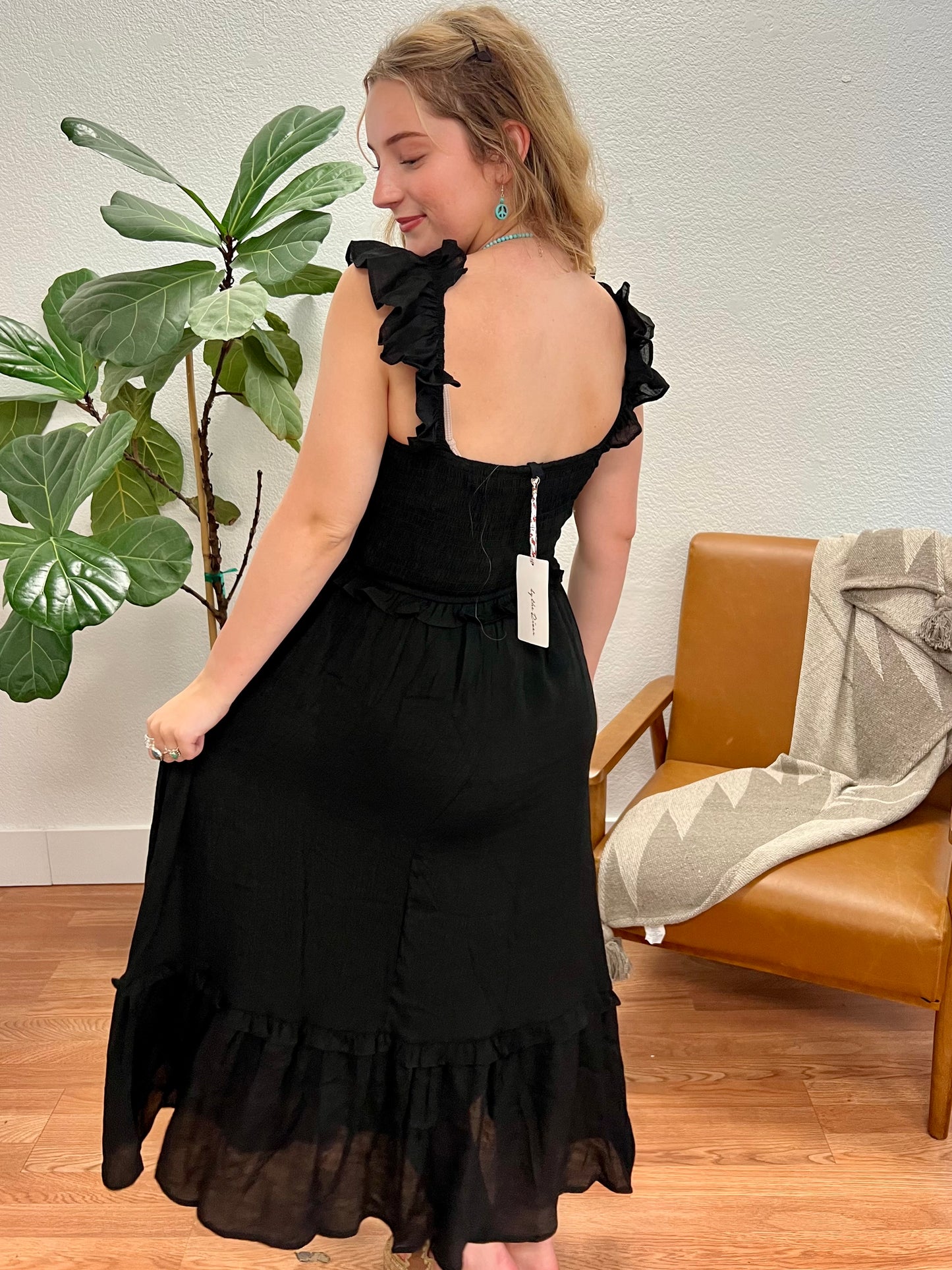 Black Flutter Sleeve Smocked Midi Dress