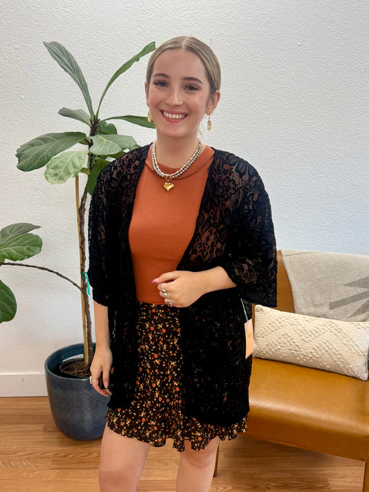 Black Floral Lace Kimono