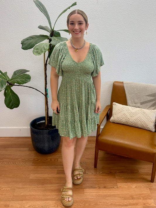 Green Smock Bodice Ditsy Dress
