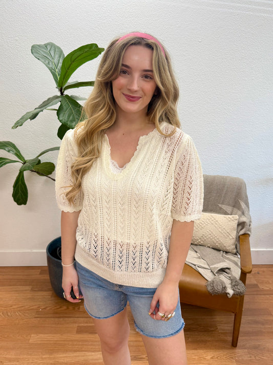 Ivory Puff Sleeve Open Knit Top