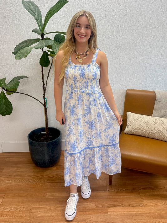 Blue Floral Sweetheart Midi Dress