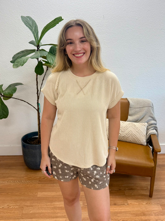 Cream Ribbed Crew Knit Top