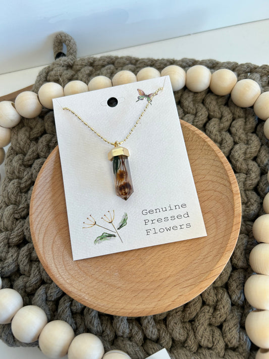 Cottage Floral Dried Yellow Flower Crystal Necklace
