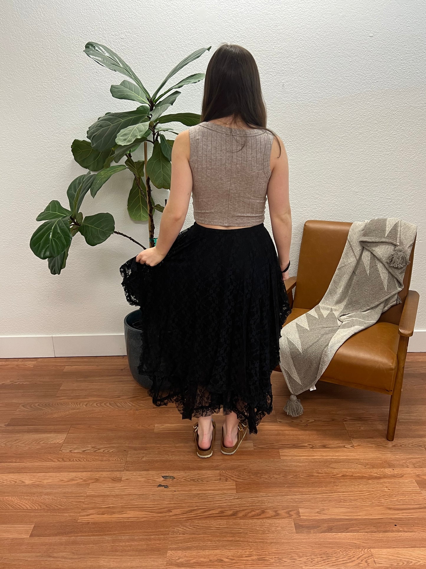 Black High-Low Lace Midi Skirt