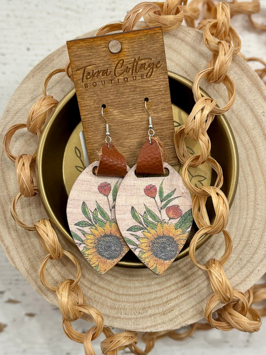 Sunflower Wood & Leather Painted Earrings
