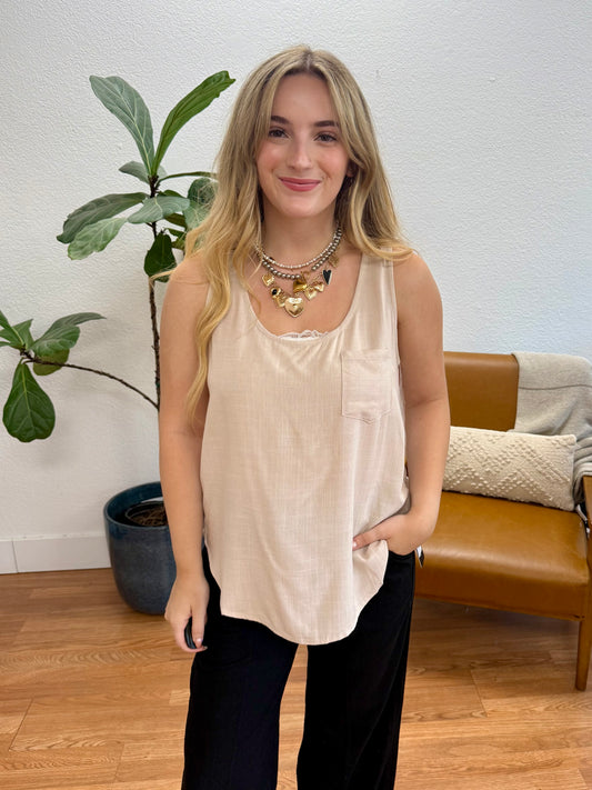 Taupe Back Button Woven Tank