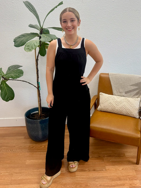 Black Solid Gauze Overalls