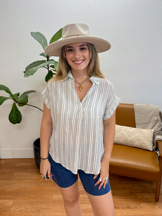 Navy Stripe Pintuck Top