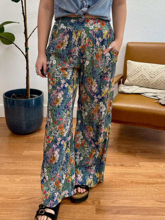 Green Print Wide Leg Pants