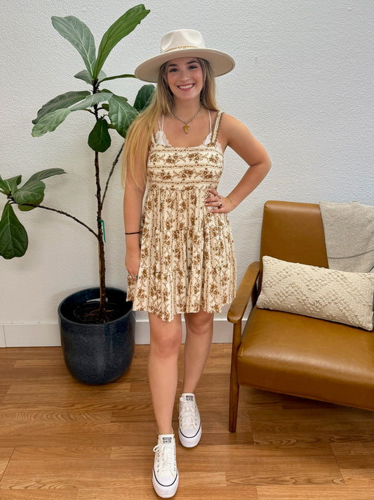 Brown Stripe Floral Mini Dress