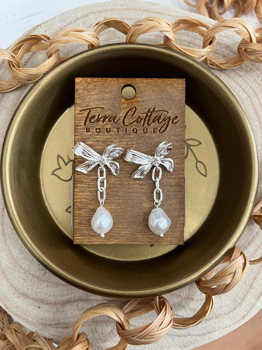 Silver Pearl Bow Stud Earrings