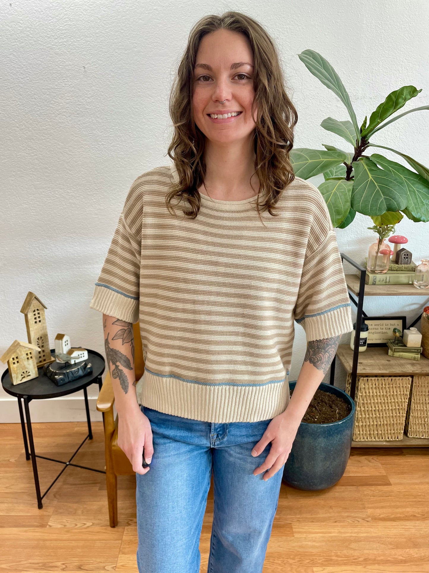 Khaki Stripe Raw Edge Sweater - Terra Cottage