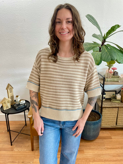 Khaki Stripe Raw Edge Sweater - Terra Cottage