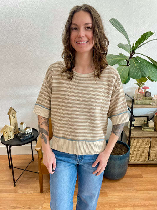 Khaki Stripe Raw Edge Sweater - Terra Cottage