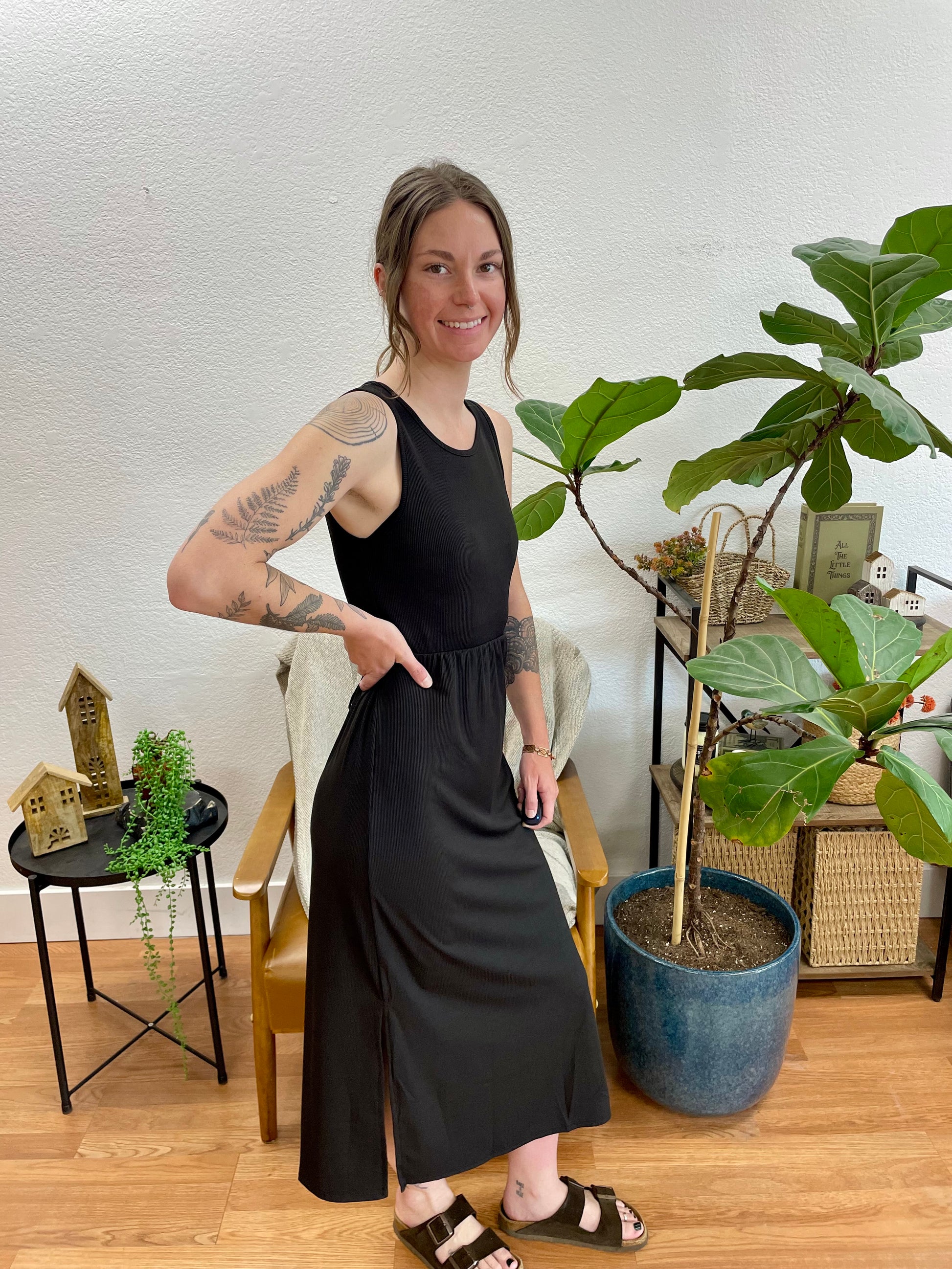 Black Ribbed Side Slit Tank Dress - Terra Cottage