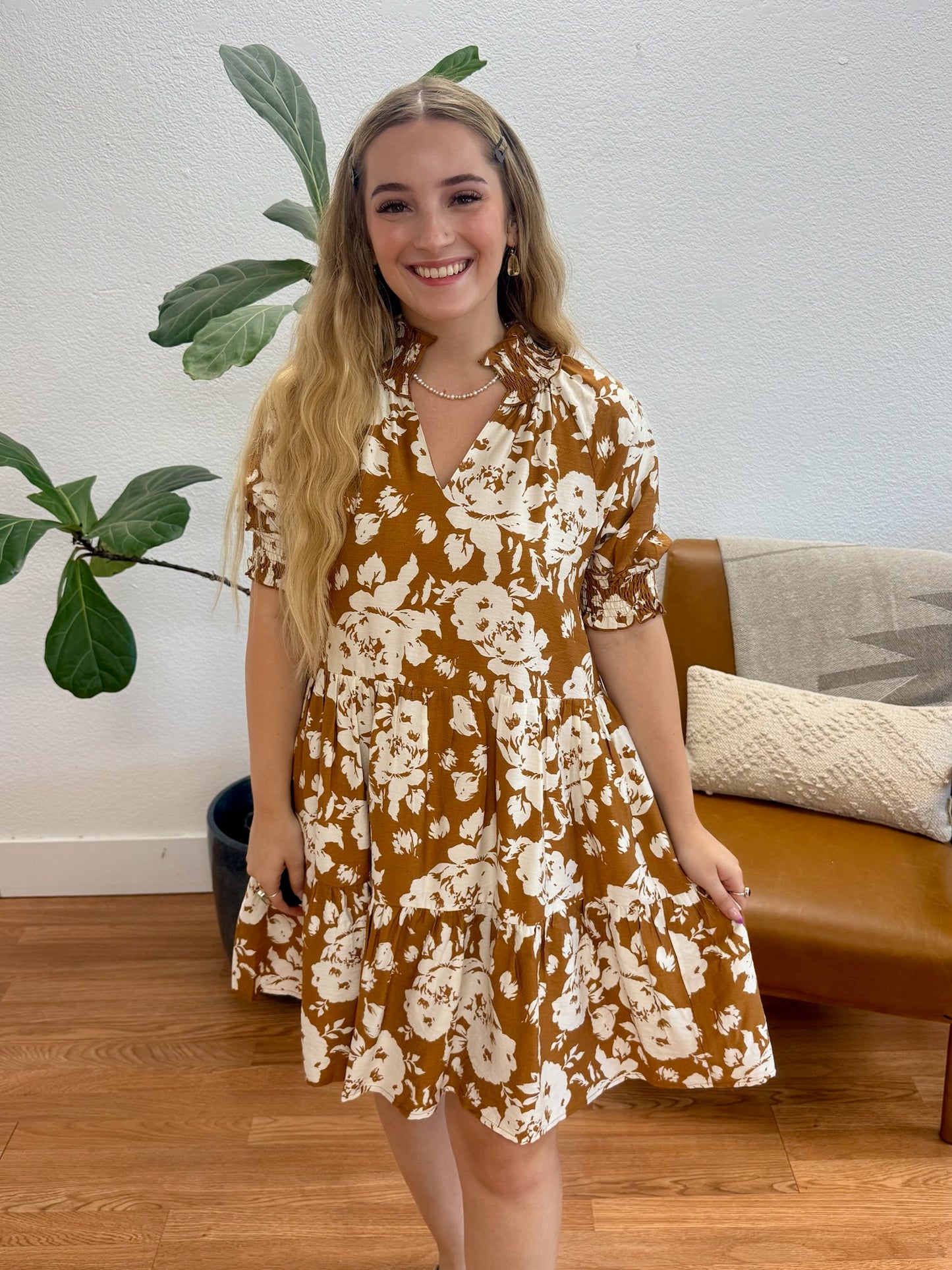 Mocha Floral V-Neck Dress