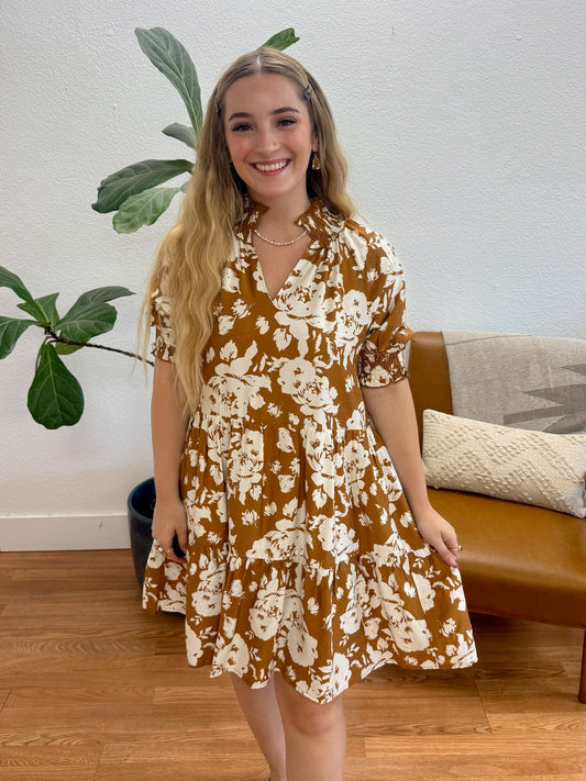 Mocha Floral V-Neck Dress