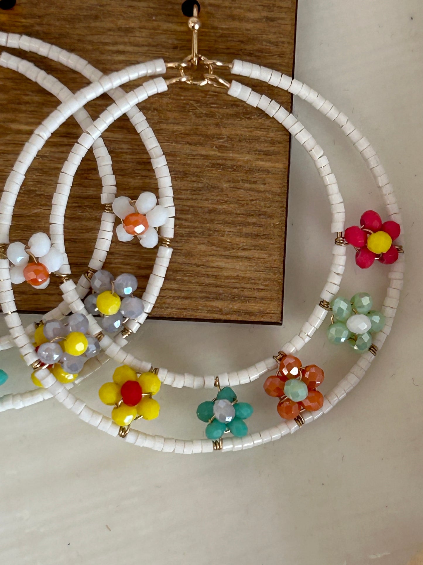 Seed Beaded Hoop & Flower Drop Earrings