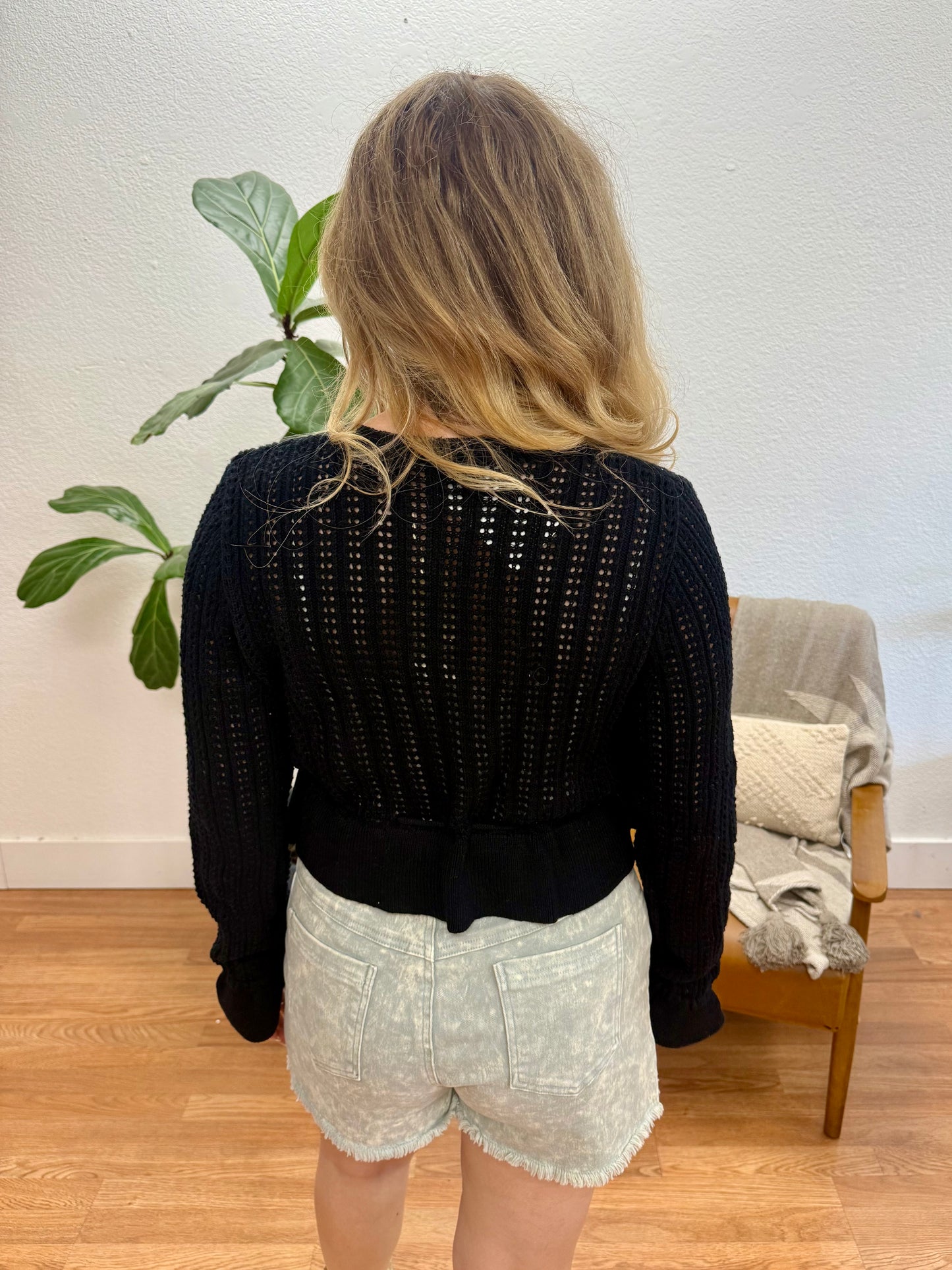 Black Crochet Ruffle Cardigan