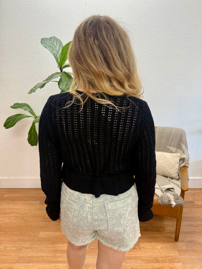 Black Crochet Ruffle Cardigan
