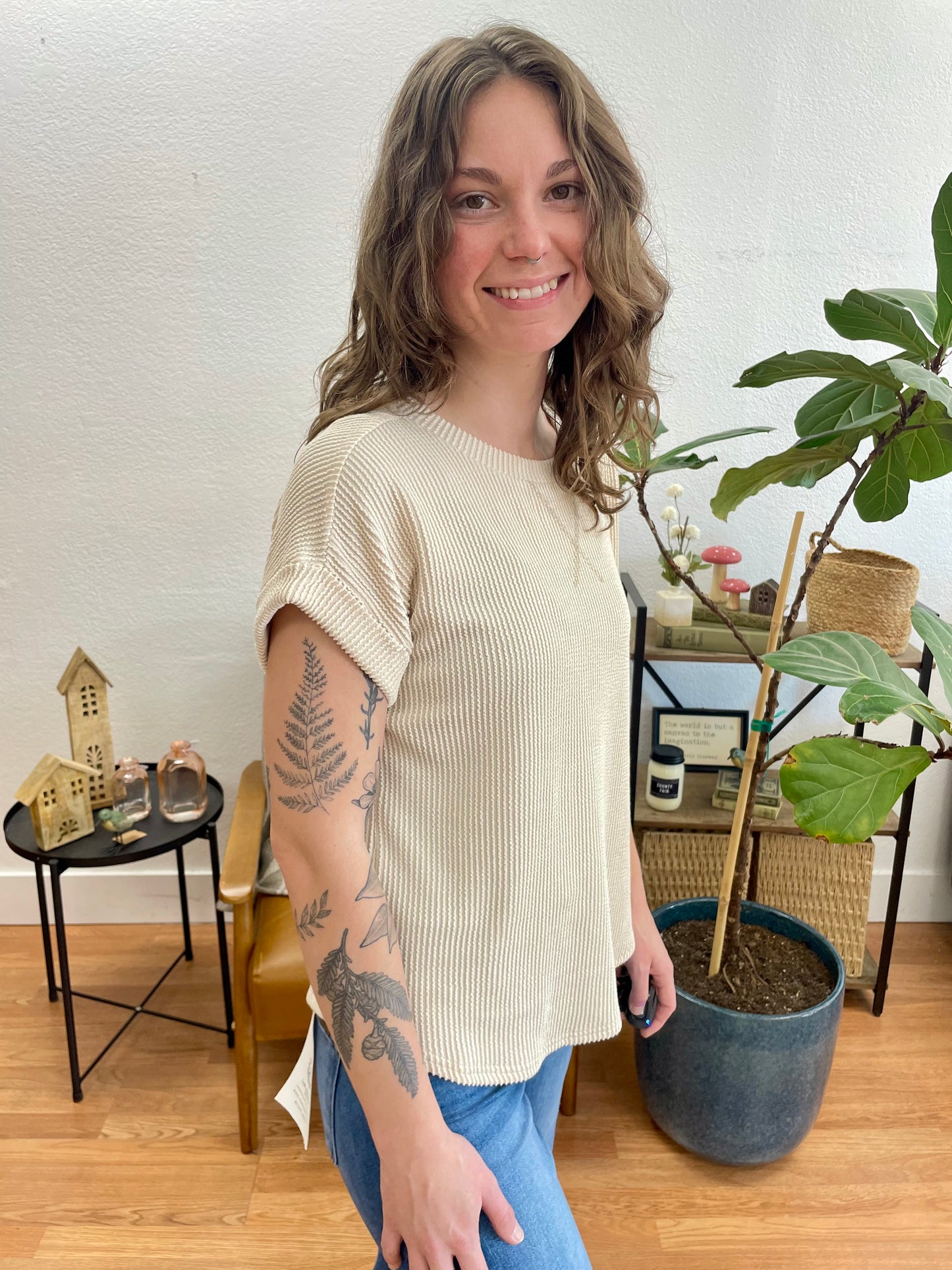 Cream Ribbed Crew Neck Tee - Terra Cottage