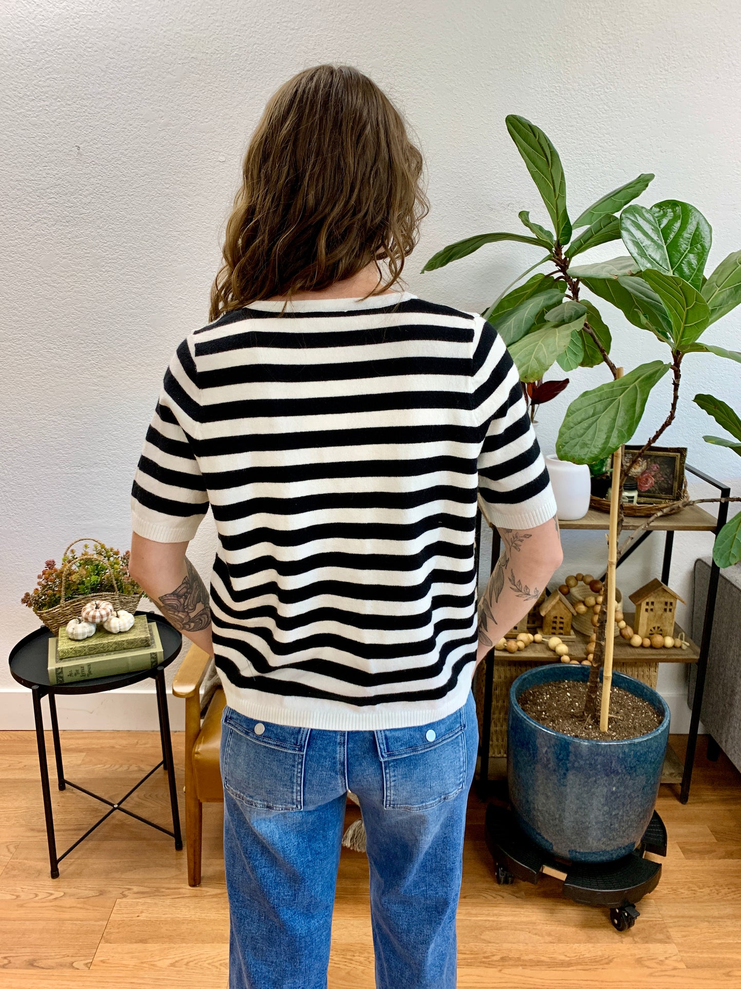 Black Stripe Split Neck Knit Top