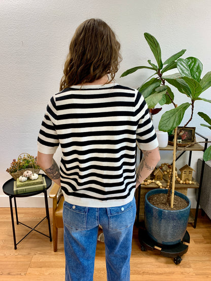 Black Stripe Split Neck Knit Top