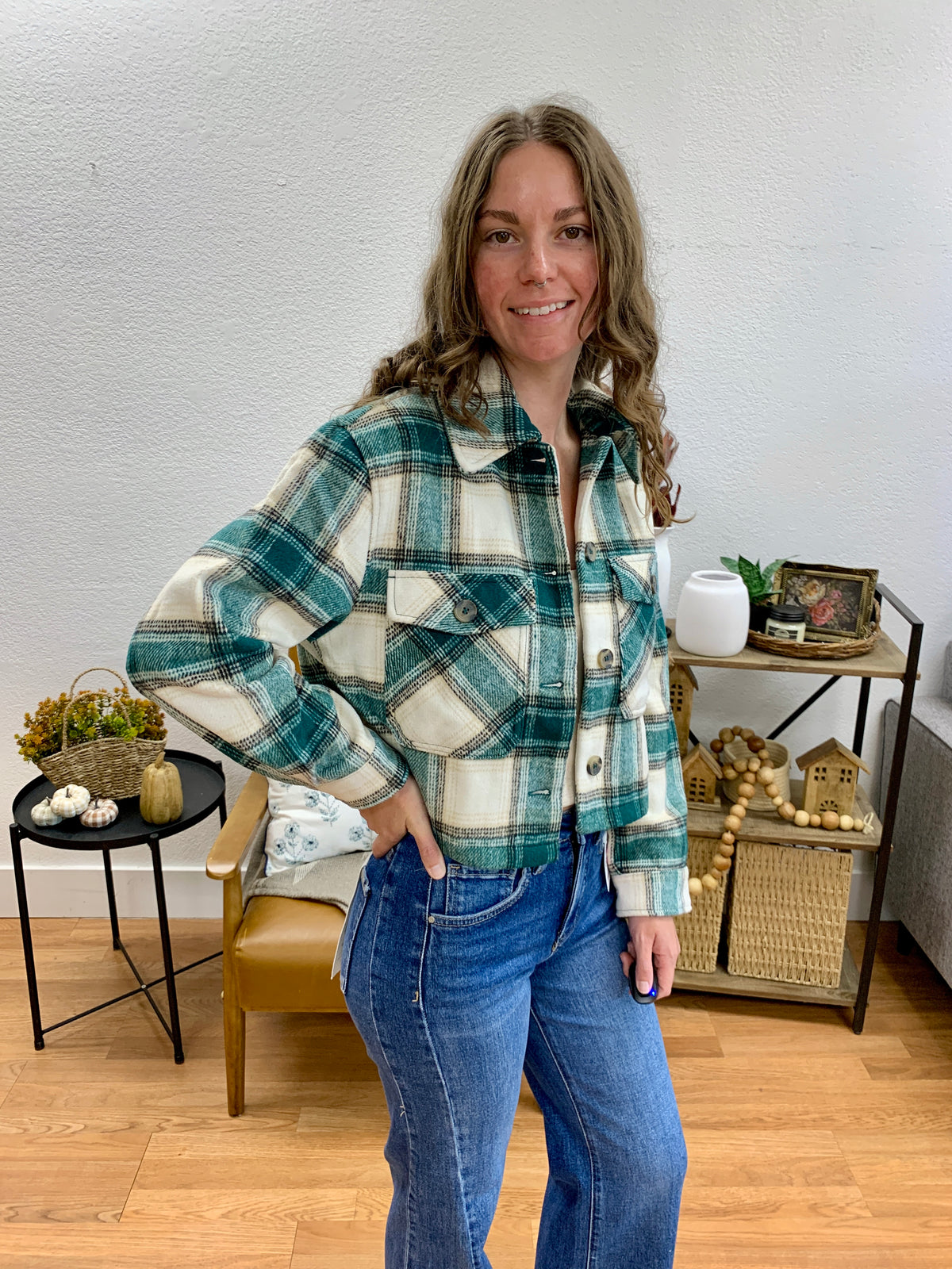 Teal Cropped Plaid Jacket