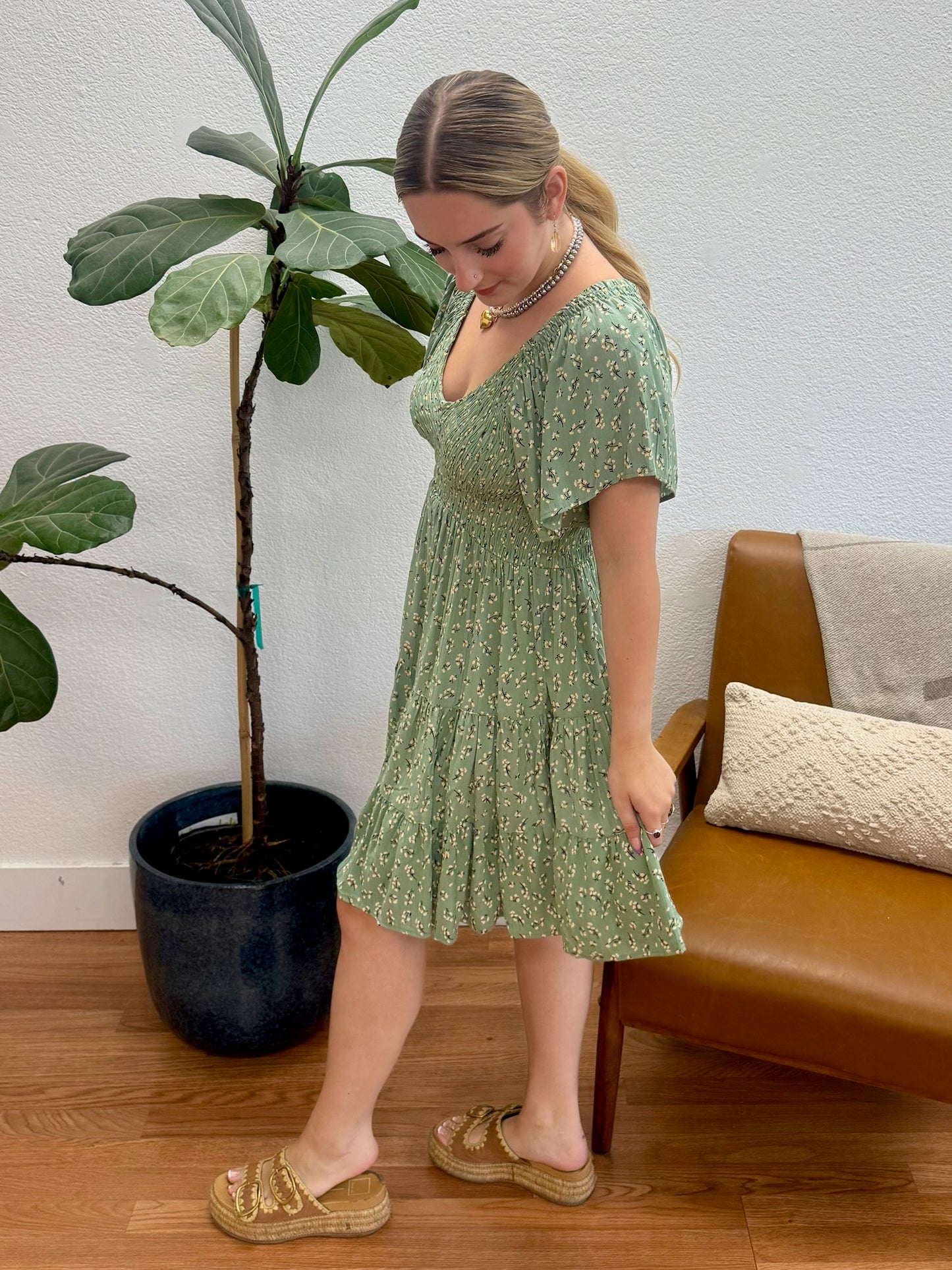 Green Smock Bodice Ditsy Dress