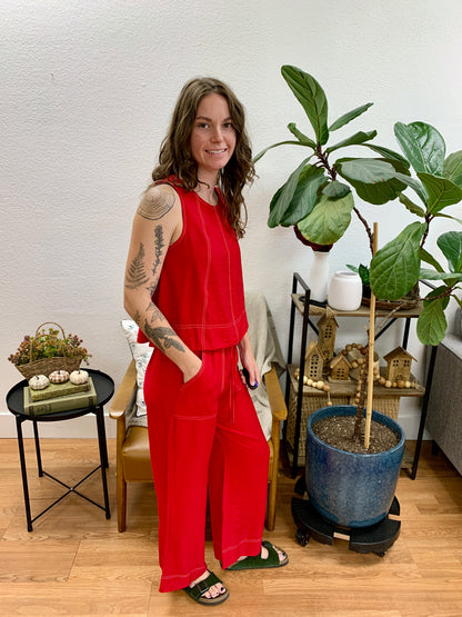 Red Contrast Stitch Pants