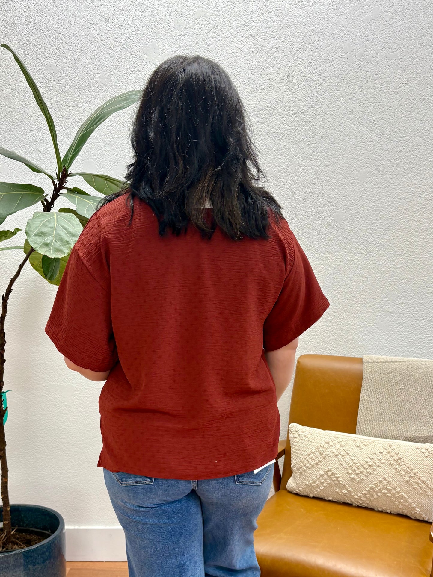 Brick V-Neck High Low Blouse