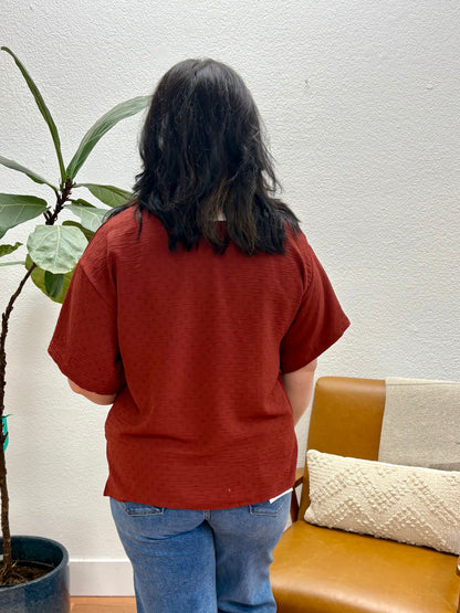 Brick V-Neck High Low Blouse