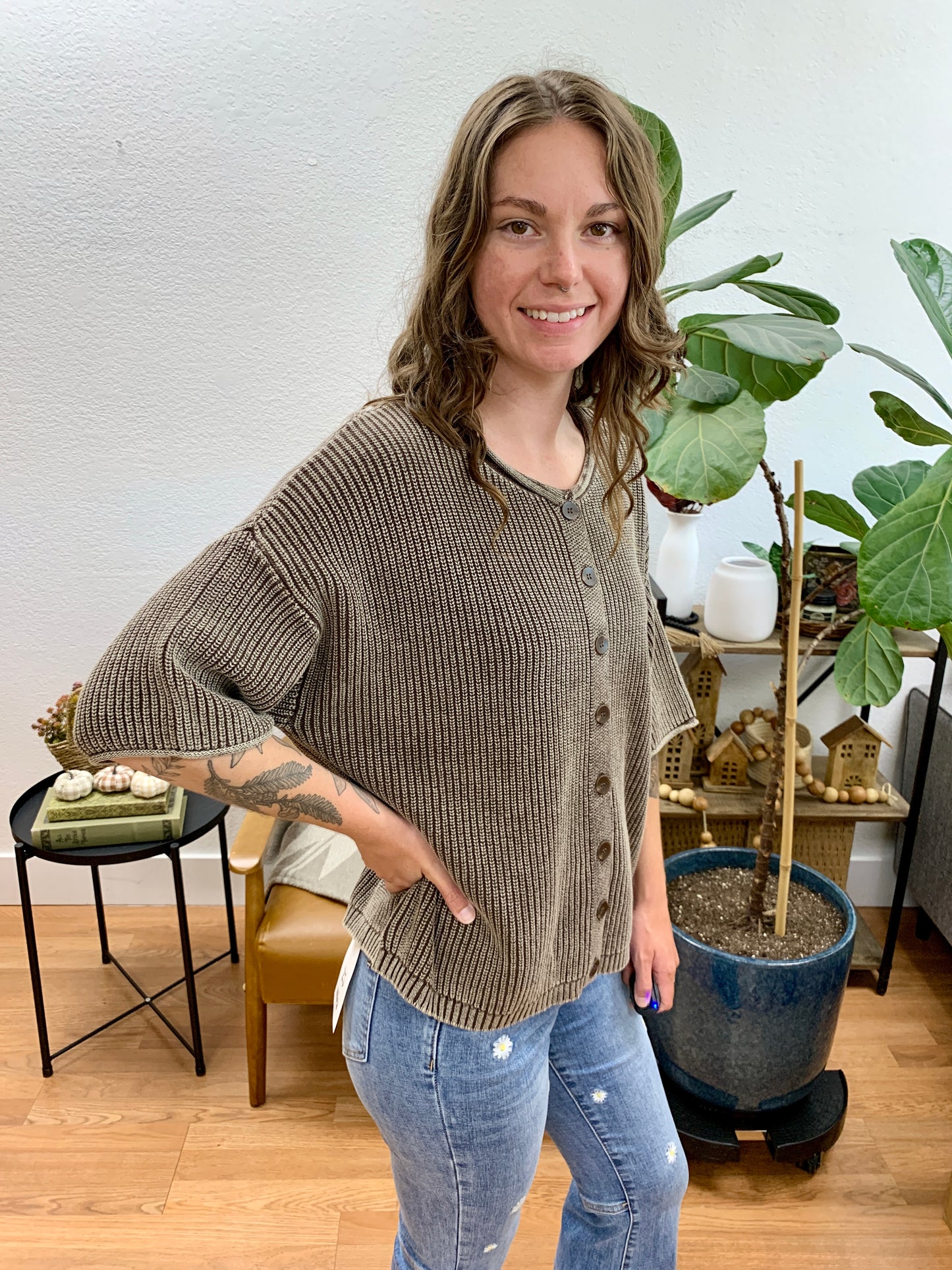Brown Washed Ribbed Cardigan