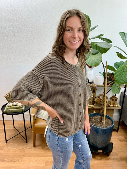 Brown Washed Ribbed Cardigan