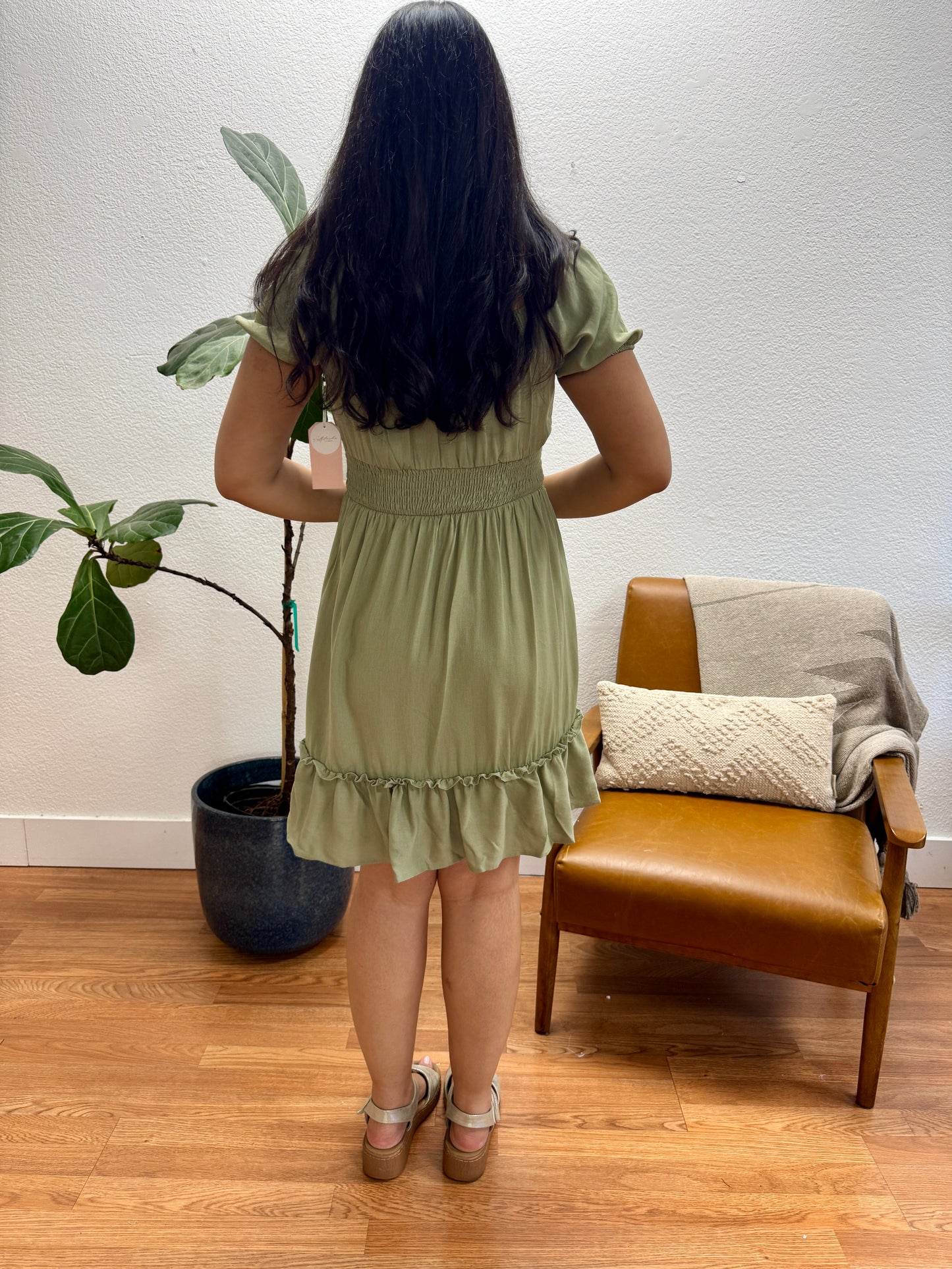 Light Olive Ruffle Trim Dress