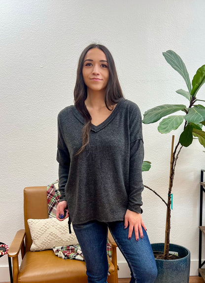 Black V Neck Drop Shoulder Top