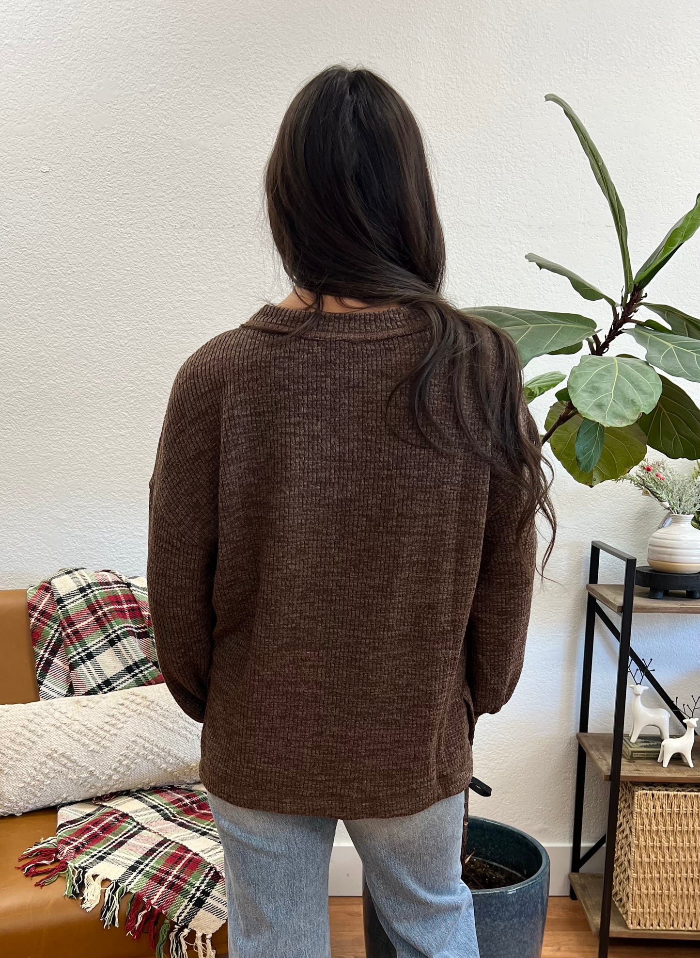 Brown Ribbed Pocket Pullover