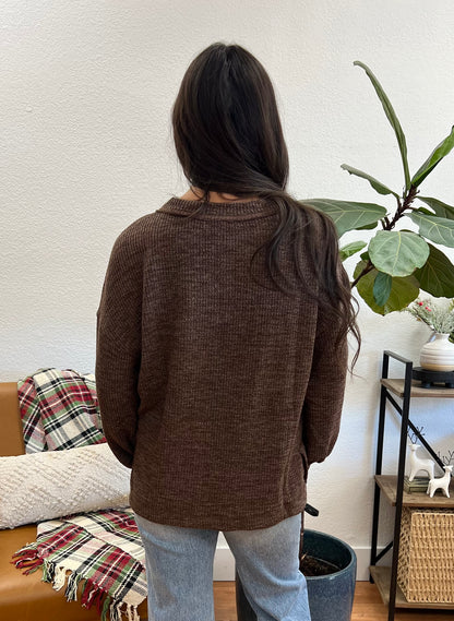 Brown Ribbed Pocket Pullover
