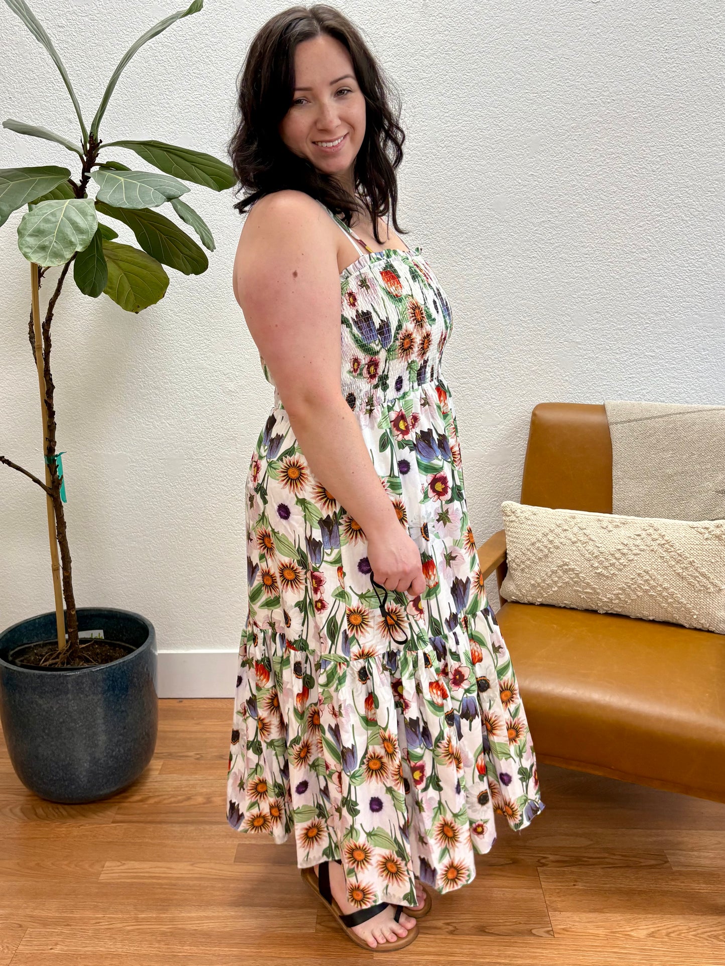 Cream Floral Smock Midi Dress