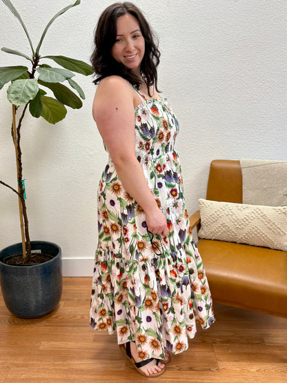 Cream Floral Smock Midi Dress
