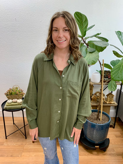 Olive Linen Blend Raglan Button Up