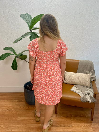 Coral Floral Ribbed Sweetheart Dress