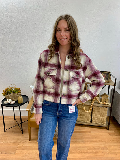 Burgundy Cropped Plaid Jacket