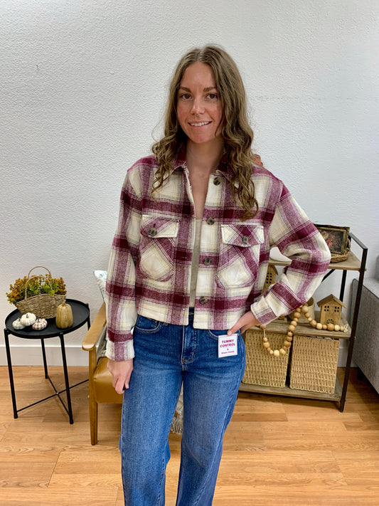 Burgundy Cropped Plaid Jacket