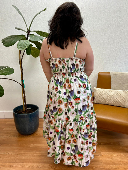 Cream Floral Smock Midi Dress