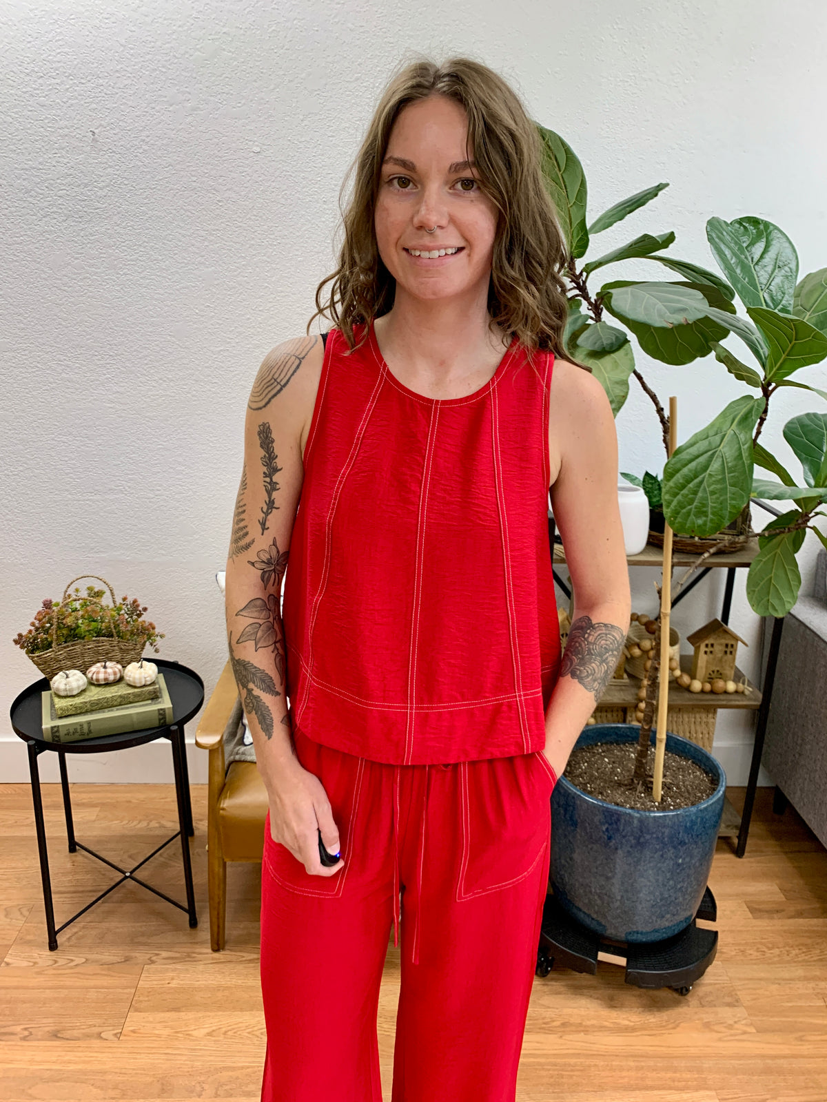 Red Contrast Stitch Tank